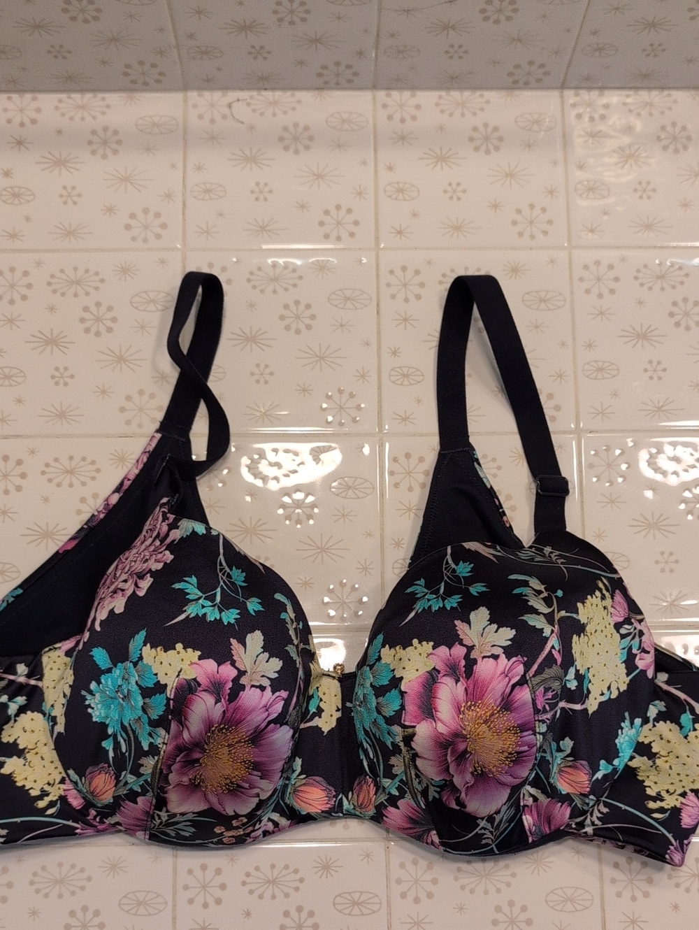 Cacique Black Bra with Pink & Teal Floral Print